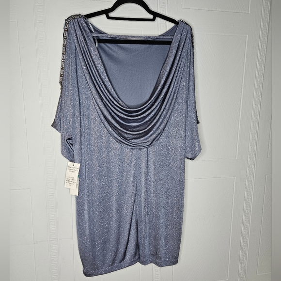 Cachet Blue Gray Mini Dress Cold Shoulder Rhinestone Glitter Cowl Back Sz 16 NWT - Picture 2 of 11